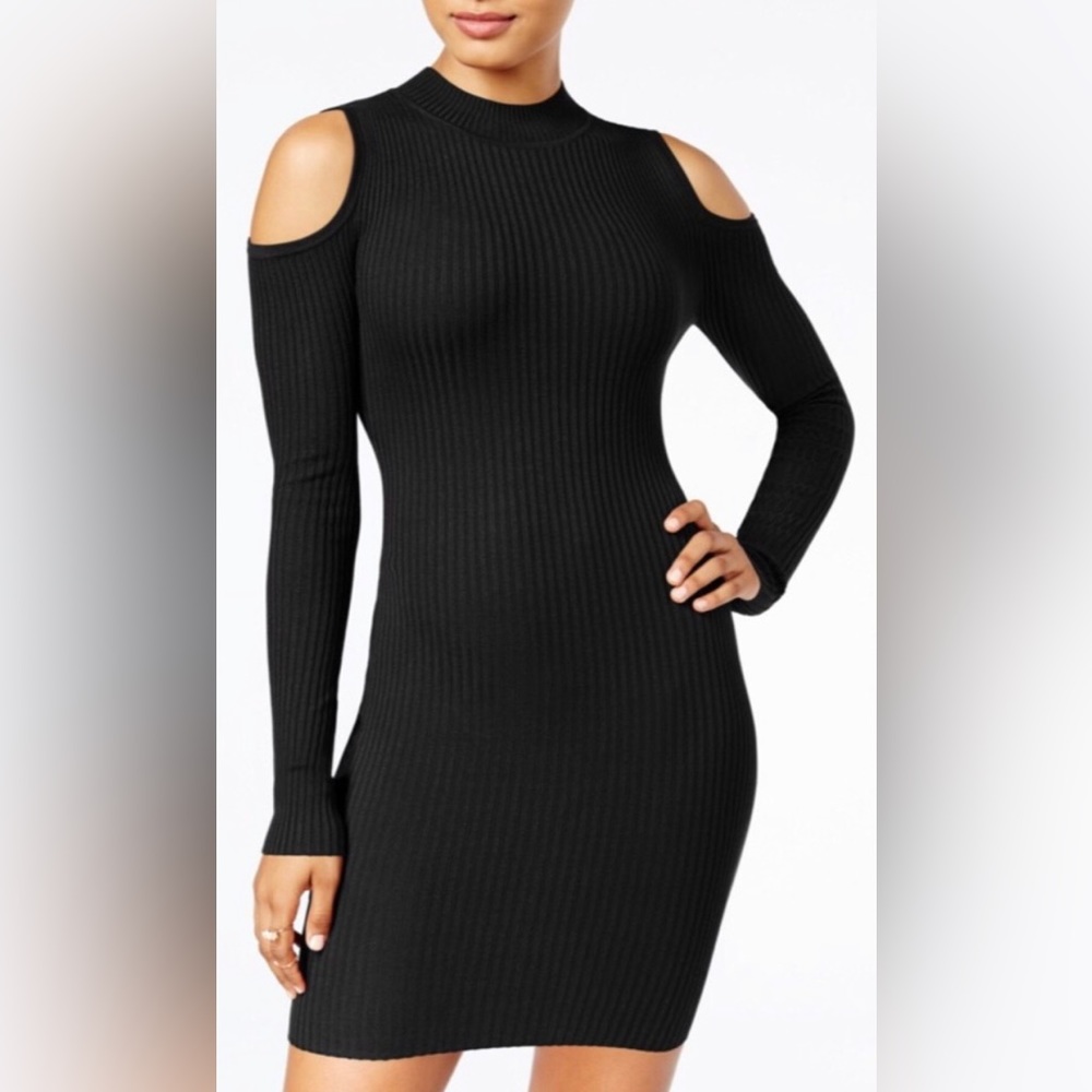 Planet Gold cold shoulder sweater dress in black